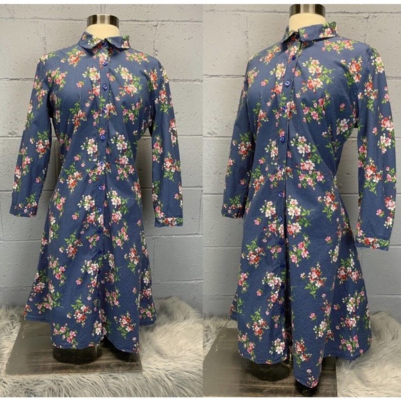 Floral Swiss Dot Shirt Dress Collared Midi Dress Long Sleeve Large Cottage Core - Picture 1 of 8